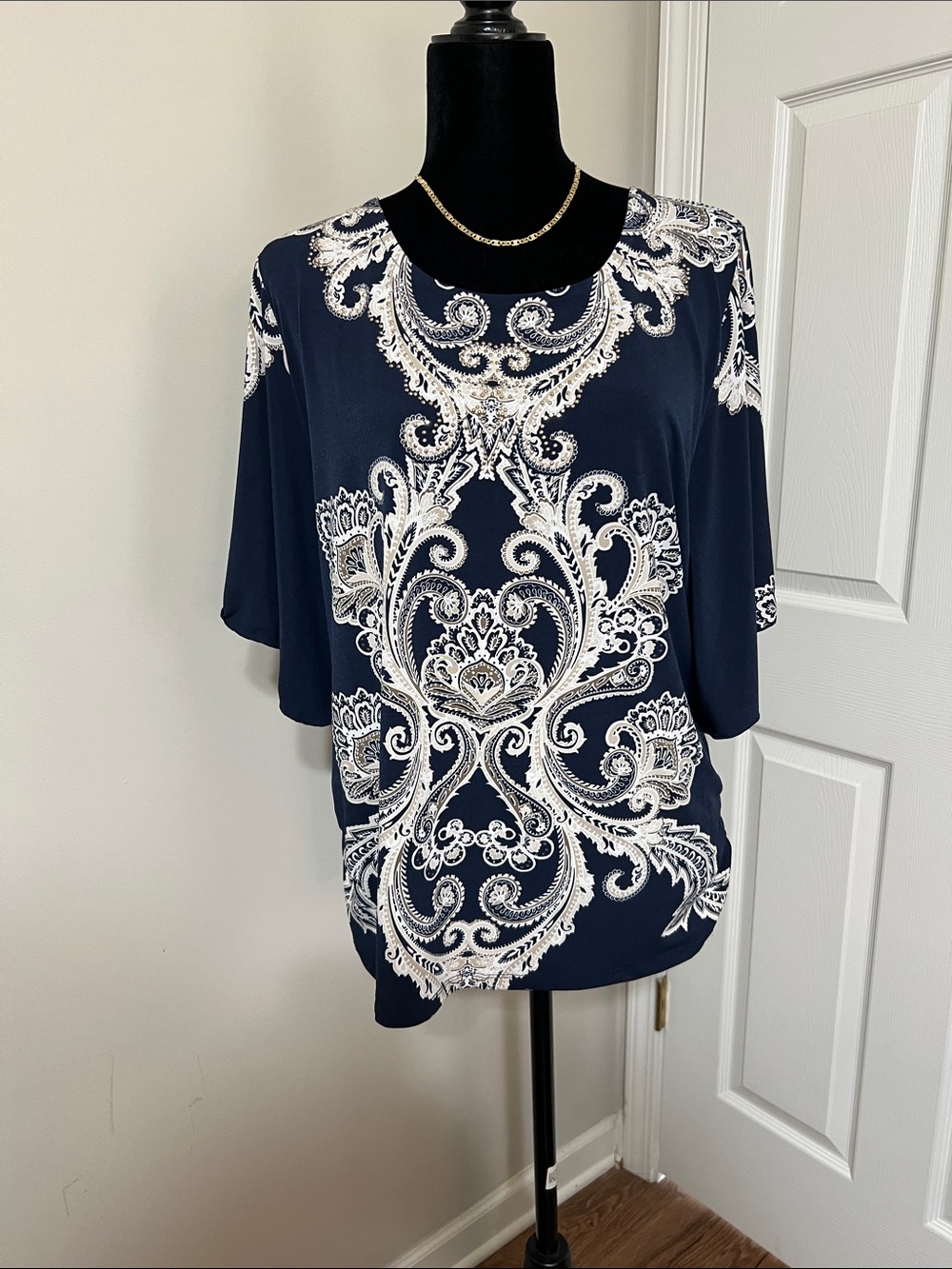 JM Collection Navy and White Paisley-Print Scoop Neck Tunic